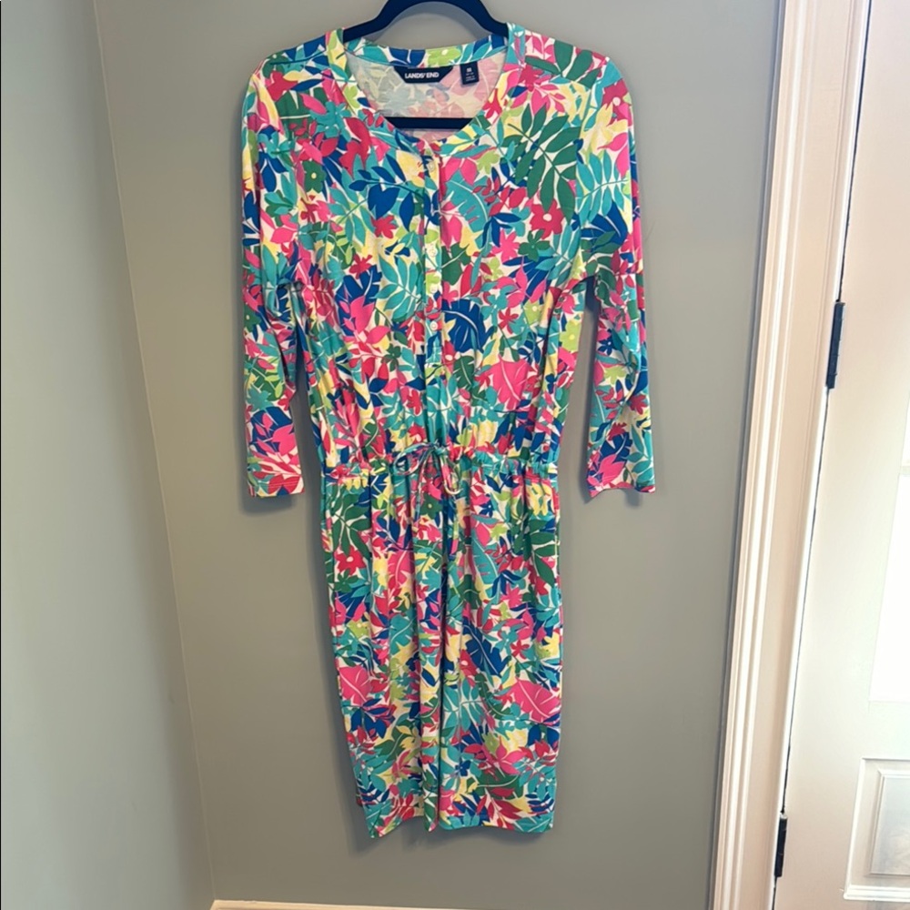 Cruise Attire Lands’ End Multicolored Tropical Long Sleeve Sundress